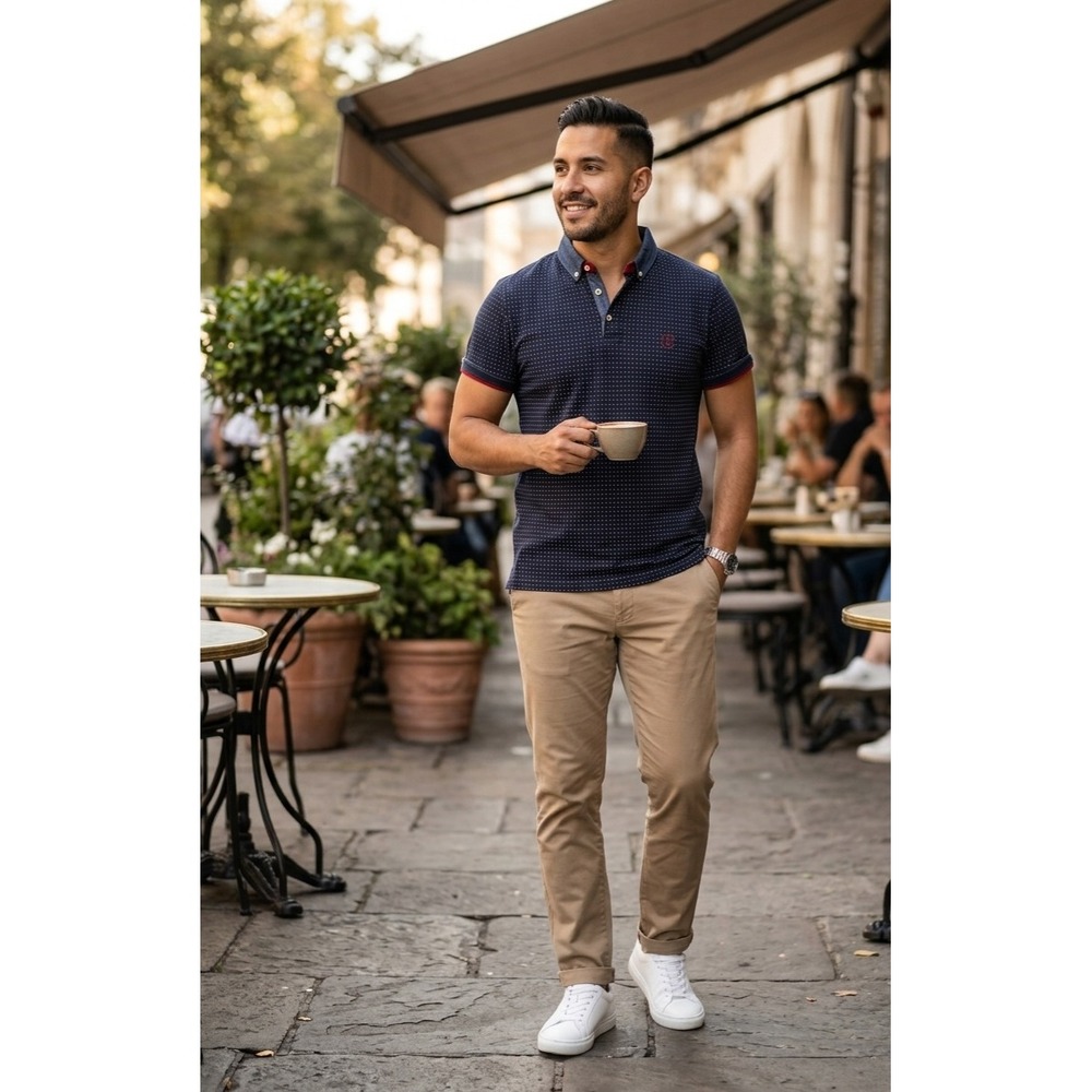 Chevignon Mens Slim Fit Polo Shirt Navy Blue Polka Dot Denim Collar Small